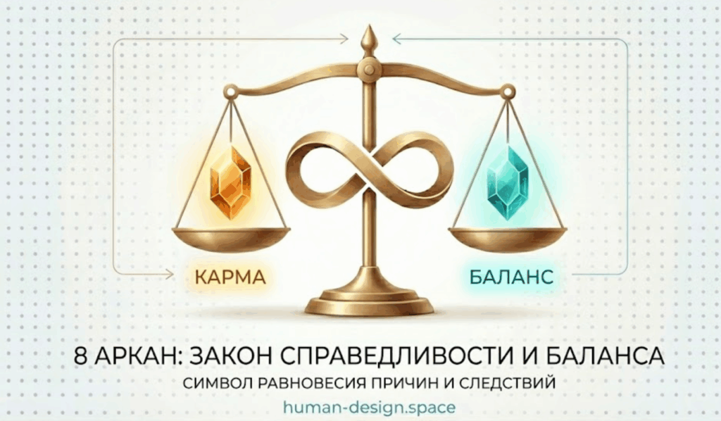 символ 8 аркана (весы), перевёрнутая восьмёрка = бесконечность, ключевые слова: справедливость, баланс, карма