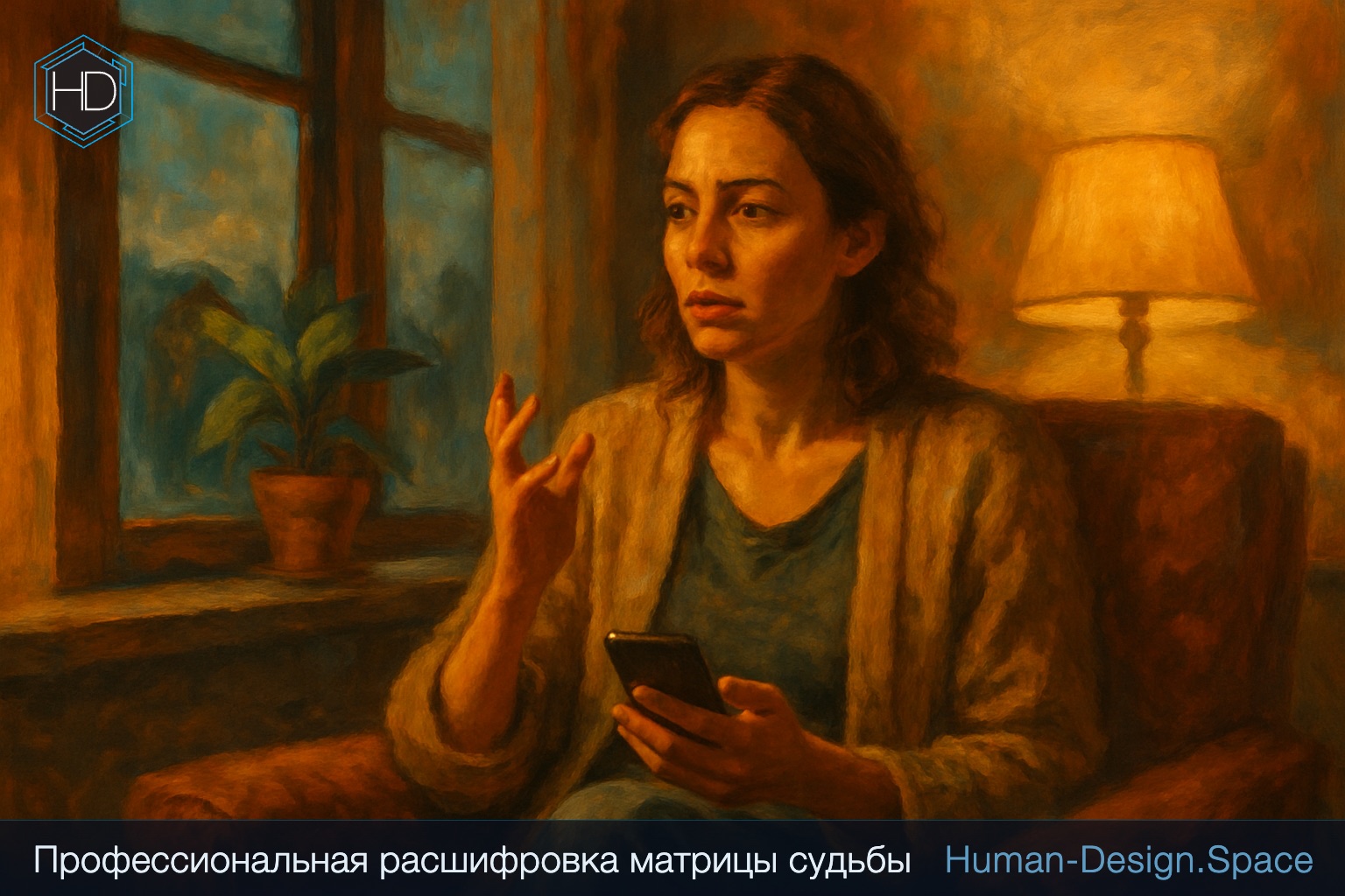 Женщина в кресле у окна с телефоном мысленно репетирует разговор