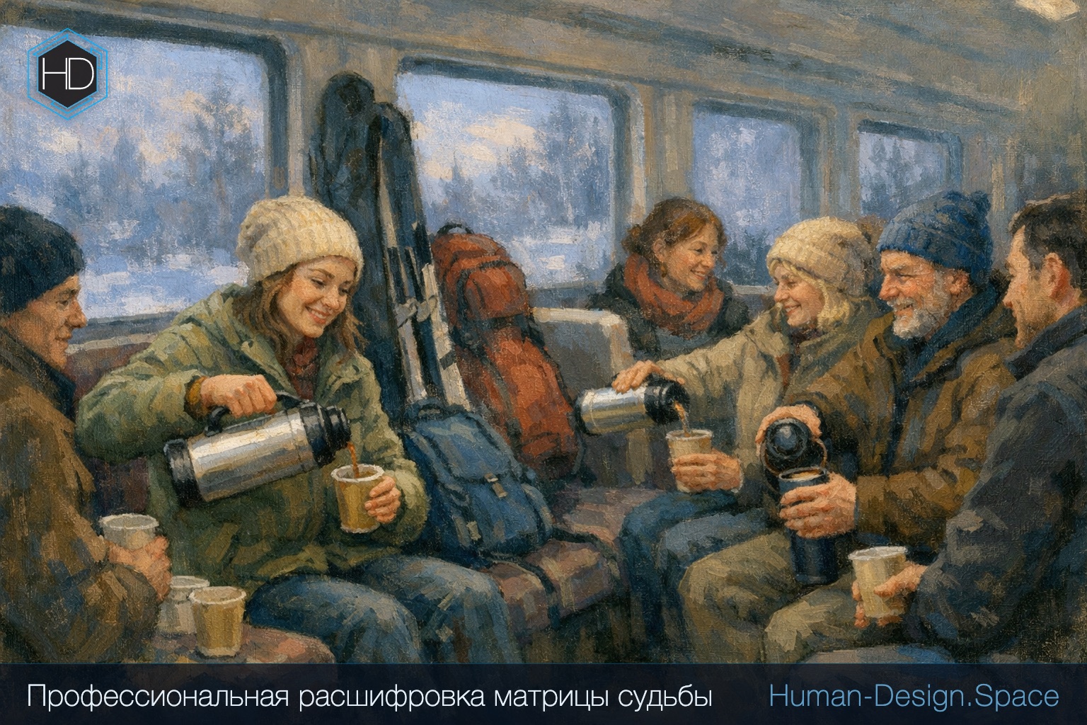 Вагон утренней электрички зимой: пассажиры с лыжами и рюкзаками разливают друг другу чай из термосов